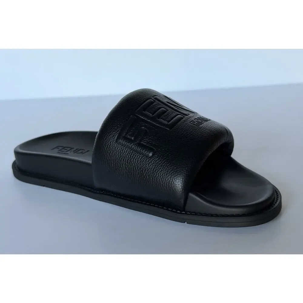 Fendi Men's Roma Leather Slide Sandals Black 9 US/8 UK IT 7X1649 NIB $750